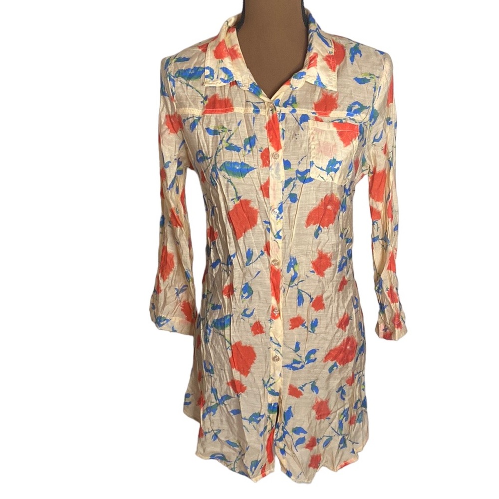 Mystree peach floral print hook & eye tunic length shirt size S